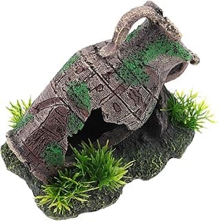 Vaso antigo quebrado de resina para decoração de aquários, com ruínas e musgo verde, ideal para peixes de água doce.