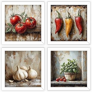 Kit de quatro quadros decorativos para cozinha com pinturas de tomates, pimentas, alho e manjericão