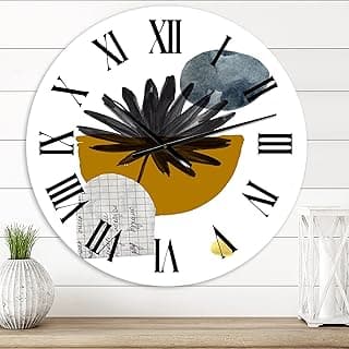 Relógio de parede moderno com folha de palmeira tropical e formas geométricas abstratas.