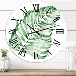 Relógio de parede branco com folha tropical verde e números romanos pretos