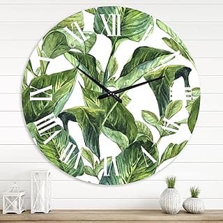 Relógio de parede tropical com folhagem verde e números romanos pretos para decoração de sala