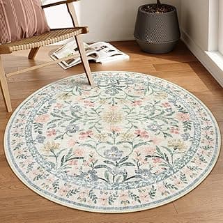 Tapete circular floral azul, verde e rosa, antiderrapante, para quarto de bebê, sala de estar