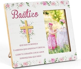 CJiangpo Porta-retrato de batismo espanhol – Presentes Bautizo para meninas, presente de batizado religioso para bebês, dedicação católica, lembrança de chá de bebê, flor rosa, madeira, porta-retrato