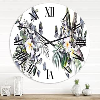 Relógio de parede grande com buquês tropicais de flores Plumeria Frangipani, design floral e botânico, números romanos em preto, fundo branco.