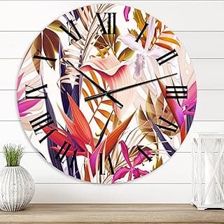 Relógio de parede grande floral tropical DesignQ com flores e folhas coloridas