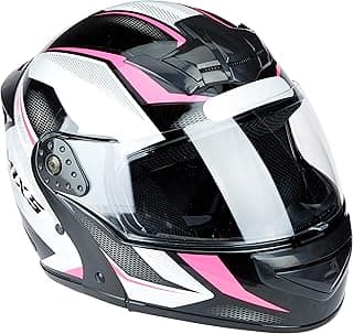 Capacete esporte preto com detalhes rosa e branco, viseira transparente, ventilação visível.