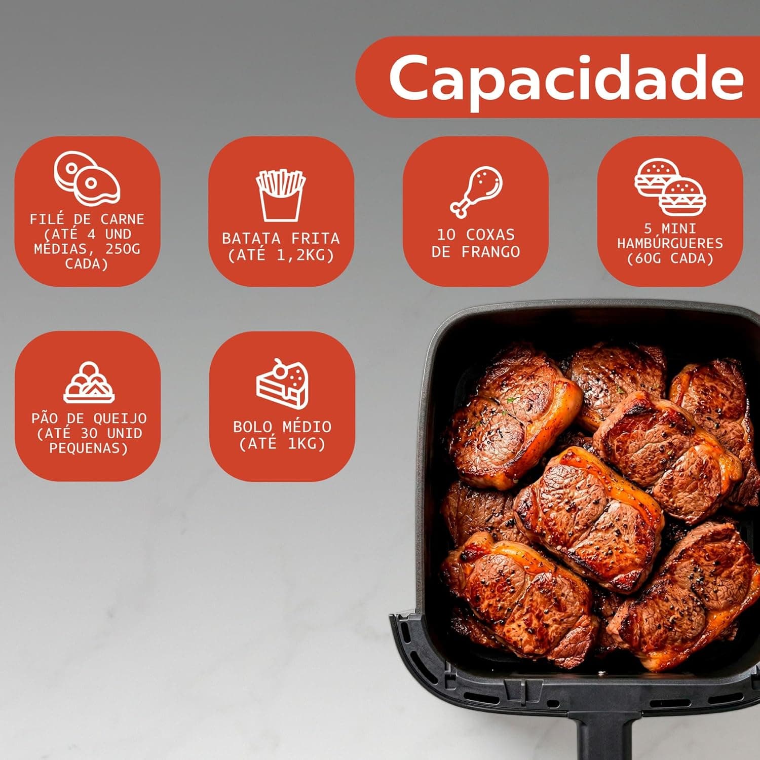 Capacidade da Air Fryer Novaon RA861D 8L preta para diversos tipos de alimentos.