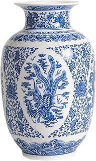 Vaso azul e branco de porcelana chinesa com padrão floral e dragão, 28 cm
