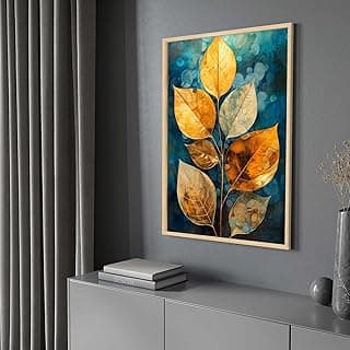 Quadro abstrato folhas douradas moldura dourada azul fundo cinza