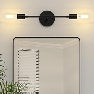 Luminária de parede preta com duas luzes acima de um espelho em um banheiro