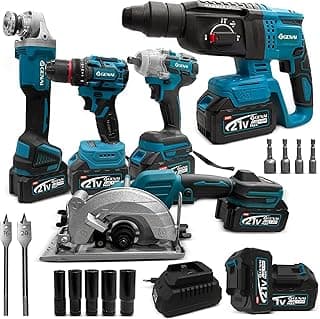Ferramentas e Parafusadeira 5 em 1, Kit Ferramentas Completo Inclui Furadeira Elétrica, Chave de Impacto, Esmerilhadeira, Martelo Rotativo e Serra Circular, com 21V Baterias