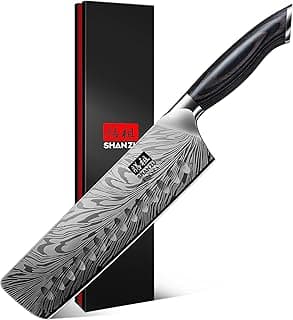 Faca Nakiri SHAN ZU em aço em pó com cabo Pakkawood, padrão decorativo, ergonômico, embalagem preta com detalhes vermelhos.