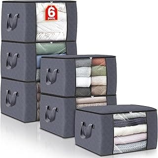 6 sacos dobráveis cinza para armazenamento com roupas e cobertores visíveis