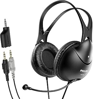 Fone de ouvido Philips preto com microfone e cabos conectados