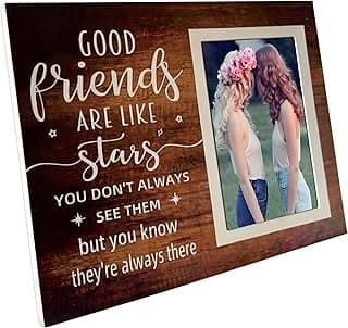 Porta-retrato com frase 'Good friends are like stars' e foto de duas mulheres com flores no cabelo