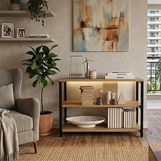 Aparador Industrial 3 Prateleiras para Sala – Estante Decorativa Multiuso com Estrutura em Metal e Tampo em Madeira – Organizador para Sala, Hall de Entrada e Decoração