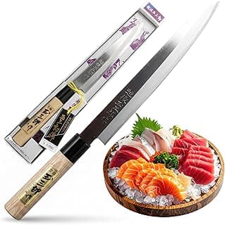 Faca japonesa profissional para sushi e sashimi com cabo de madeira e detalhes em ouro