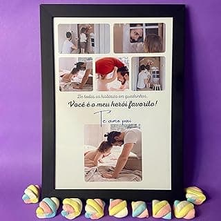 Quadro Personalizado Dia dos Pais, A4 (21 x 29,7 cm), Moldura em Madeira Preta, Decoração de Parede com Fotos e Frases