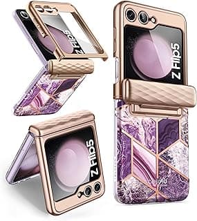 Capa protetora fina e elegante para Samsung Galaxy Z Flip 5 com padrão de mármore em roxo e rosa, bordas douradas, proteção de dobradiça e protetor de tela frontal embutido.