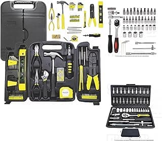 Kit de ferramentas completo com maleta preta e compartimentos amarelos, fundo branco