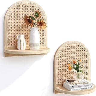 Prateleira de parede de vime arqueada – Prateleira flutuante de vime boho com borda ranhurada, prateleiras de exibição pequenas exclusivas, decoração de parede de madeira de pinho natural