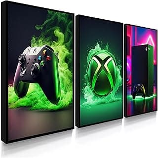 Quadros decorativos de videogame Xbox com controle, logotipo e console em fundos verde fumegante e luzes RGB