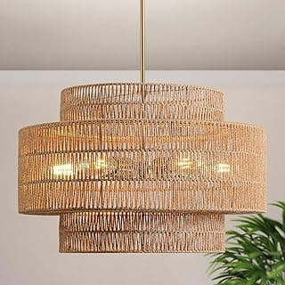 Lustre de vime grande Boho de 61 cm, luminária pendente tecida à mão grande de 6 luzes, lustres rústicos para cozinha, quarto, sala de jantar, sala de estar, corredor, hall de entrada