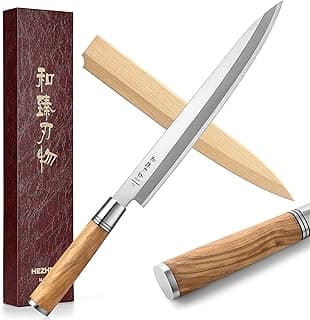 Faca Yanagiba de 270 mm HEZHEN, faca de sashimi estilo japonês com cabo de madeira de oliveira, bainha e caixa com inscrições japonesas