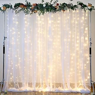 Cortina de fundo branca com cordão de luzes LED para festas e eventos