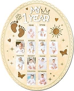 Quadro de fotos My First Year Porta-retrato de bebê primeiro ano para exibição de aniversário de 1 ano, quadro de madeira para bebês de 12 meses, lembrança de bebê, presente de chá de bebê, decoração