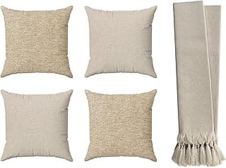 Kit de quatro capas de almofadas decorativas bege e manta para sofá e cama bege cru.