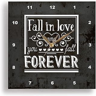 Relógio de parede com texto 'Fall in love and you fall forever', 33 x 33 cm