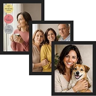 Kit de três porta-retratos pretos com fotos de família em fundo claro.