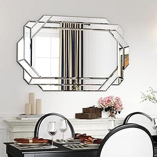 Espelho decorativo octogonal de parede com borda chanfrada e moldura espelhada para sala de jantar