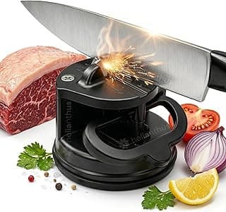 Afiador de facas profissional em tungstênio com base a vácuo, preto, para lâminas lisas em aço inox/carbono, uso com uma mão, para cozinha e churrasco.