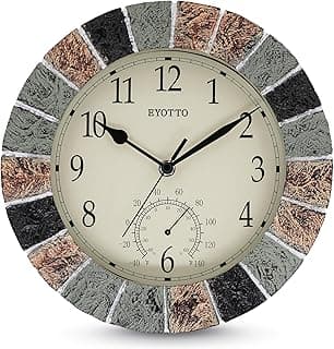 Relógio de parede impermeável eYotto com termômetro, cinza e marrom, 25,4 cm, branco, mosaico