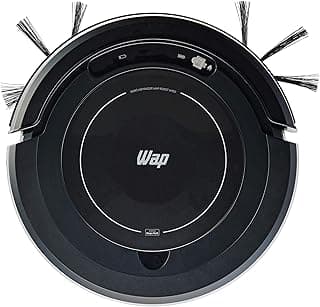 Aspirador de pó robô WAP W100, preto e cinza, com logotipo WAP, controles e cerdas visíveis
