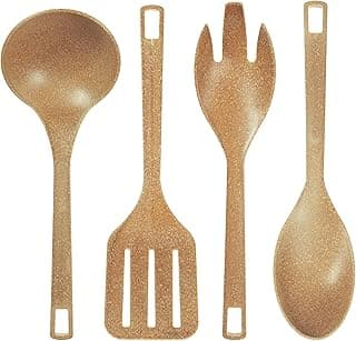 Jogo de utensílios ecológicos para cozinha 4 peças bege com brilho dourado