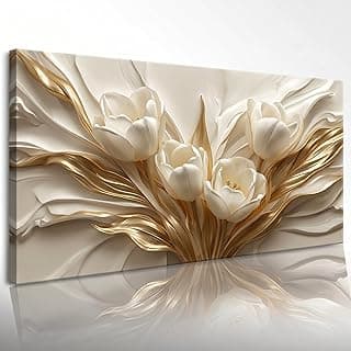 Quadro decorativo canvas 120x60 flores brancas dourado arte floral abstrata bege