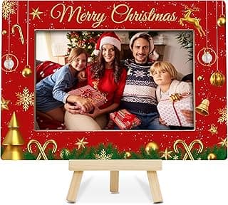 Porta-retratos de Natal vermelho com decorações festivas e família sorridente.