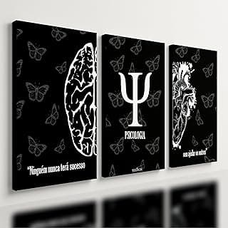 Kit 3 Quadros Decorativos Psicologia Cérebro Mente Consultório com fundo preto e elementos brancos