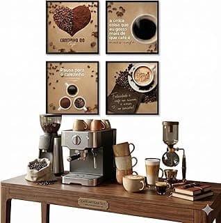 Kit 4 Quadros Decorativos Cantinho do Café com Moldura Preta - Placas Decorativas para Cozinha