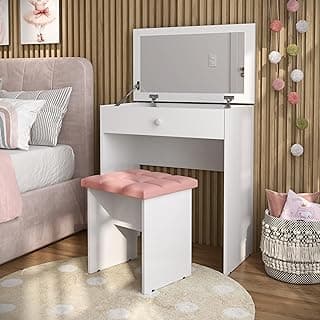 Penteadeira escrivaninha branca com espelho e banqueta rosa para quarto infantil