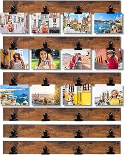 Porta-retrato com 24 clipes, fotos penduradas, fundo marrom, paisagens e pessoas