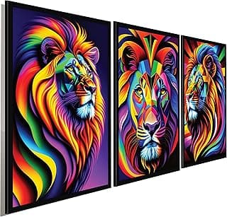 Quadros decorativos de leões em estilo geométrico e colorido, perfeitos para sala ou quarto.
