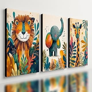 Kit 3 quadros decorativos infantis de animais de safari - leão, elefante e girafa