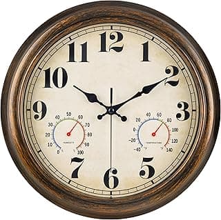 Relógio de parede vintage 33 cm com termômetro e higrômetro, bronze, números grandes, silencioso, para uso interno e externo
