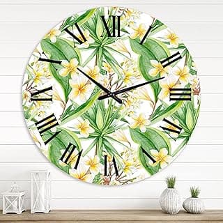 Relógio de parede grande com folhagem tropical e flores amarelas, DesignQ