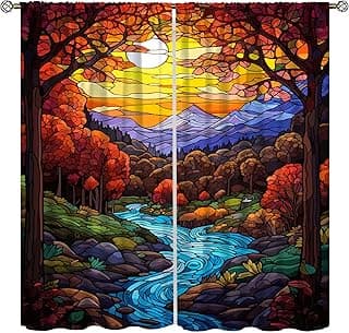 Cortina de vitral paisagem outono com árvores vermelhas e amarelas, rio e montanhas