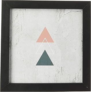 Quadro decorativo escandinavo com triângulos em rosa, verde e cinza, moldura preta em laca.